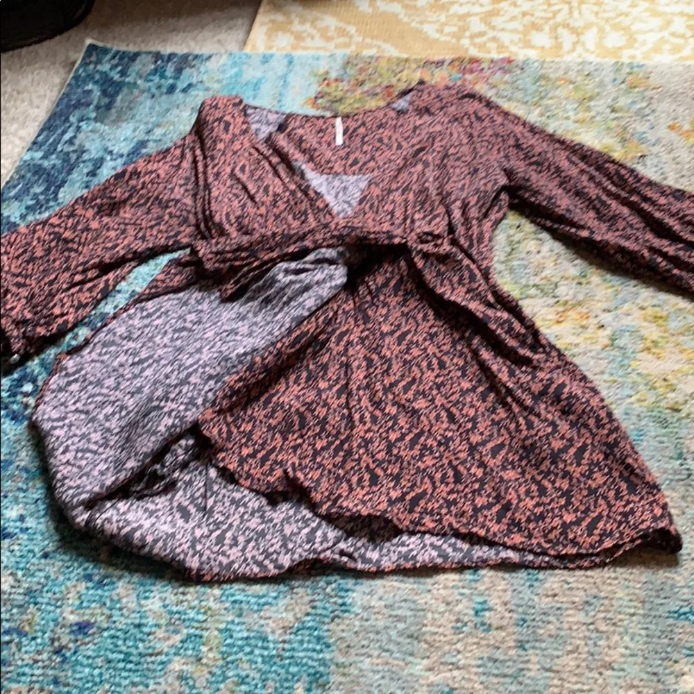 Free People Black with Coral Floral Wrap Blouse